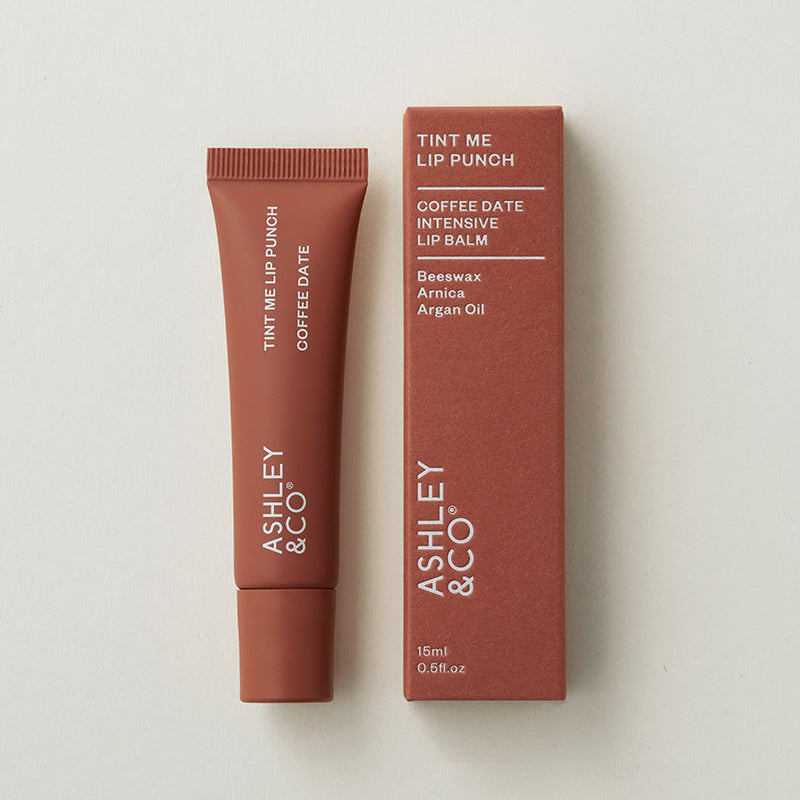 Coffee Date colour Lip balm tube and packaging with 'Ashley & Co' branding