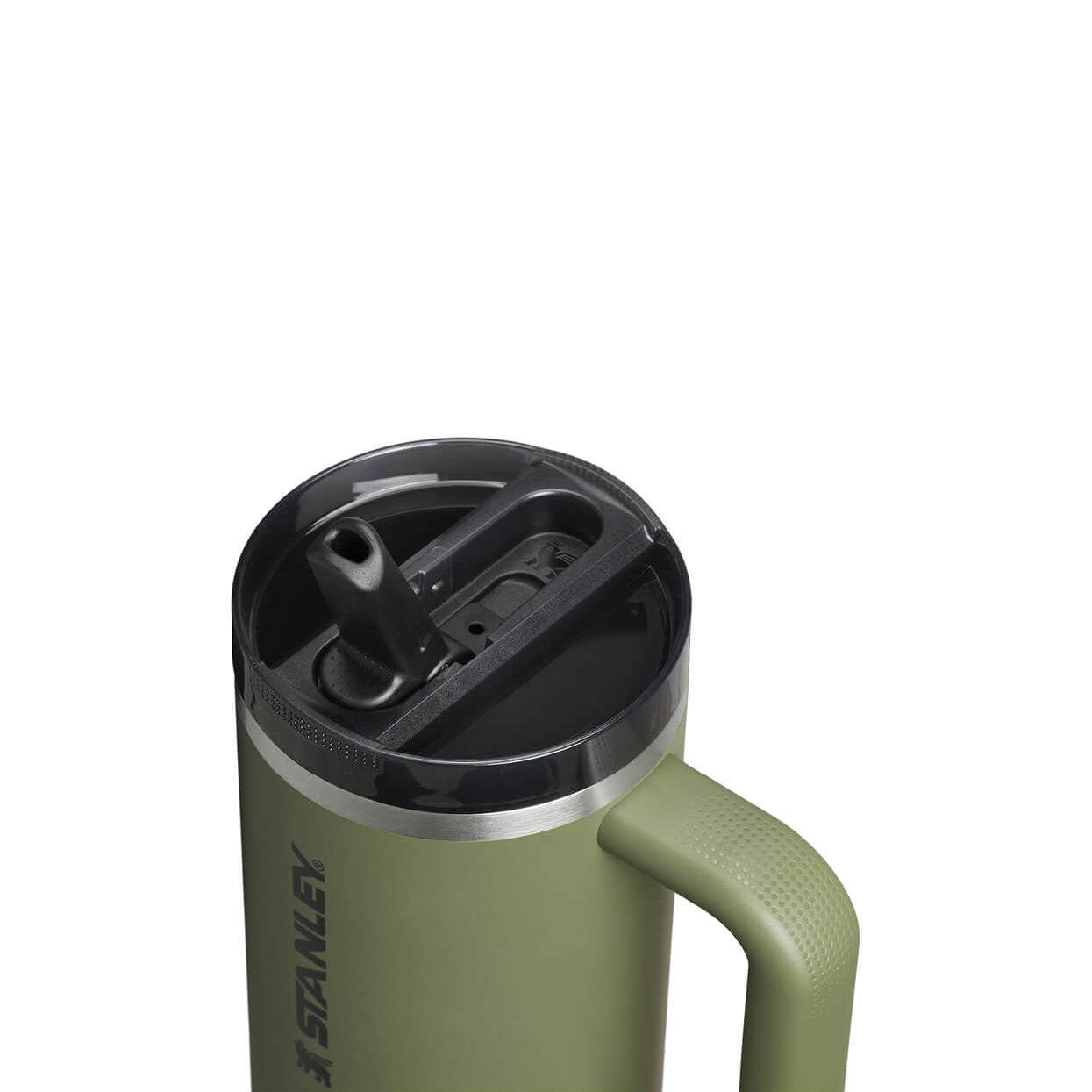 Close up of flip straw lid of a Stanley 30oz Water Bottle in Dried Pine colour
