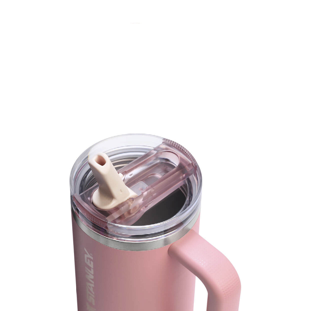 Close up of flip straw lid of a Stanley Water Bottle in Pink Mesa colour