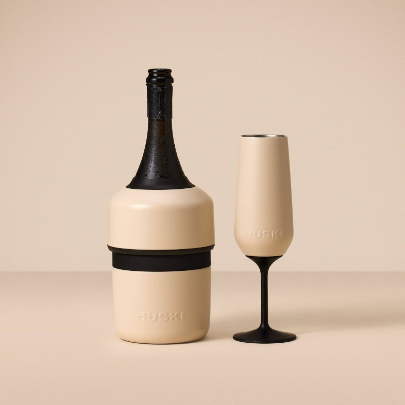 HUSKI-Champagne-Cooler-and-champagne-flute-sand-beige