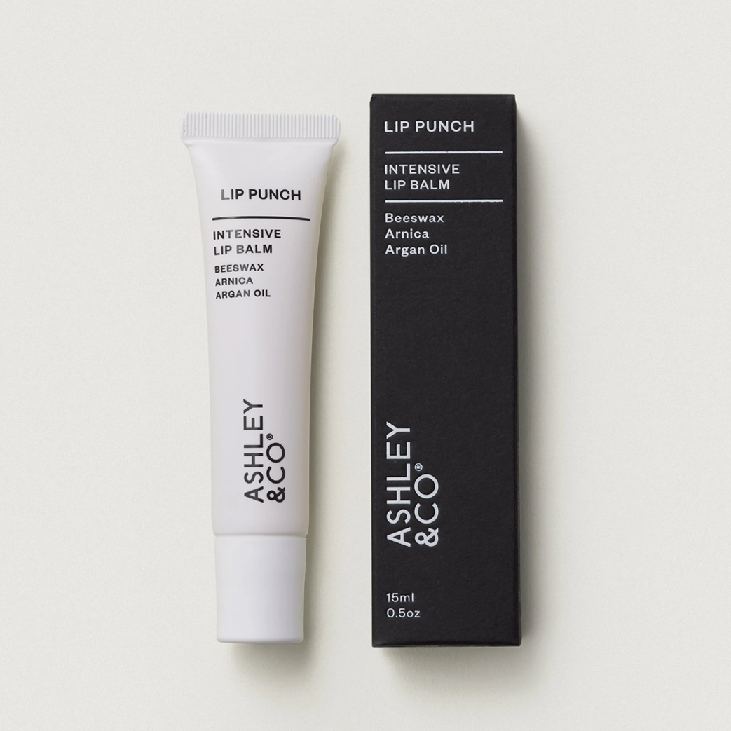 Lip balm tube and packaging with 'Ashley & Co' brand
