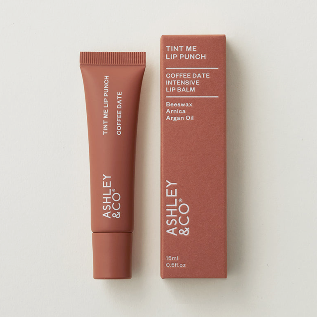 Coffee Date Lip balm tube and packaging with 'Ashley & Co' branding