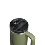 Close up of flip straw lid of a Stanley 30oz Water Bottle in Dried Pine colour 